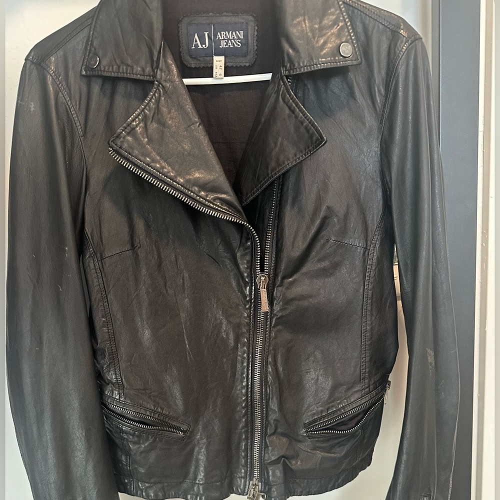Armani Jeans Black Leather Motorcycle Jacket, Women's Size 6 - Picture 15 of 16